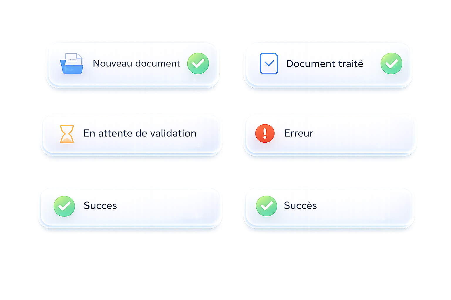 Cartes de notification FluxInbox pour documents reçus, traités et en attente.