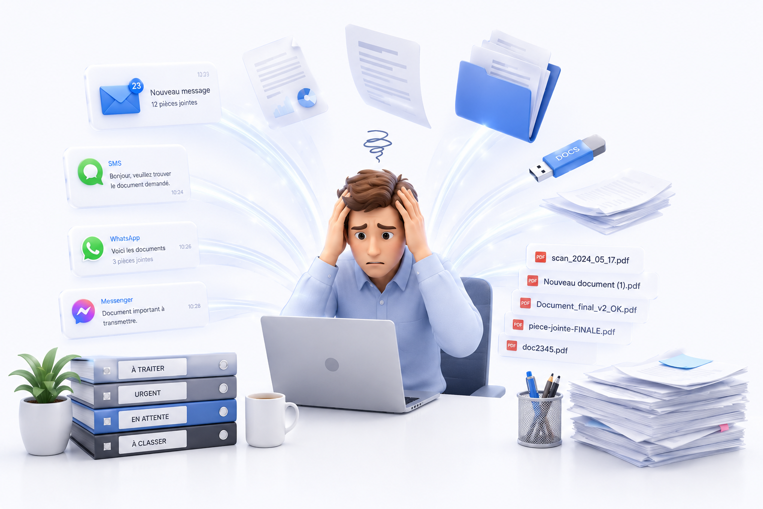 Documents dispersés entre e-mail, SMS, WhatsApp, papier et dossiers.