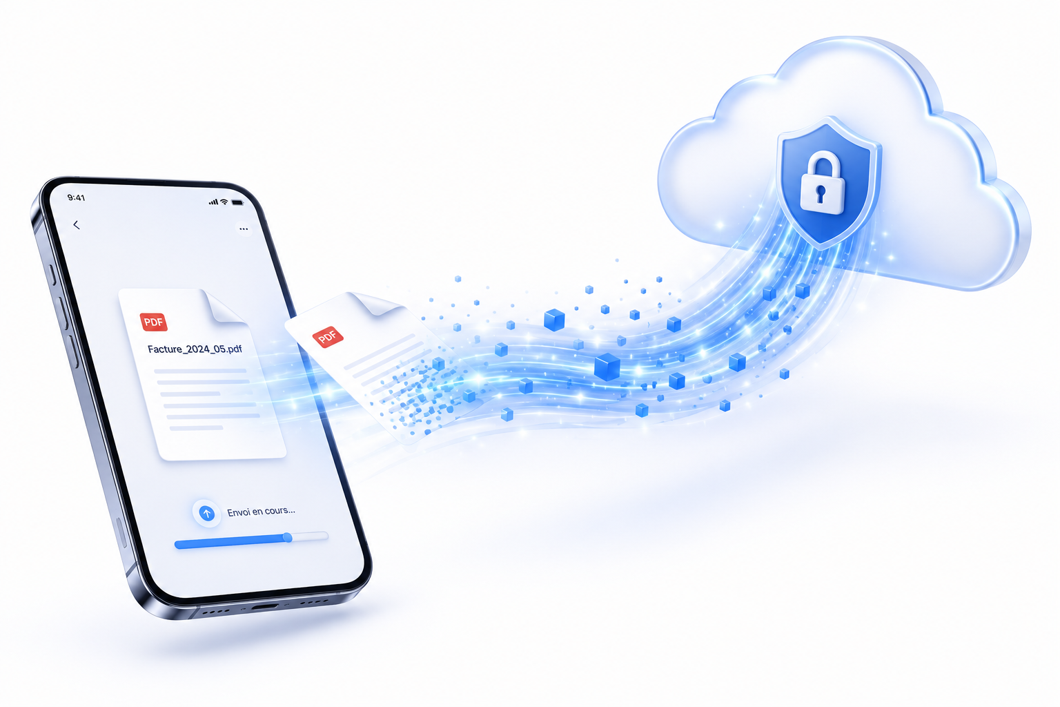 Document envoyé depuis un smartphone vers un cloud sécurisé.